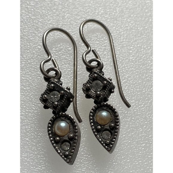 Patricia Locke Drop Earrings With Crystals & Faux Pearl Sterling Silver Finish V